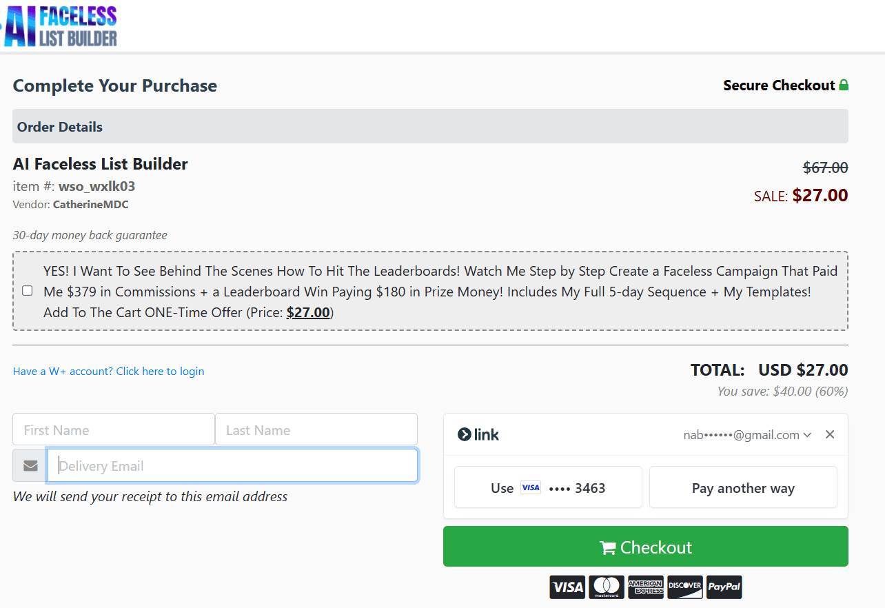 AI Faceless List Builder Checkout page